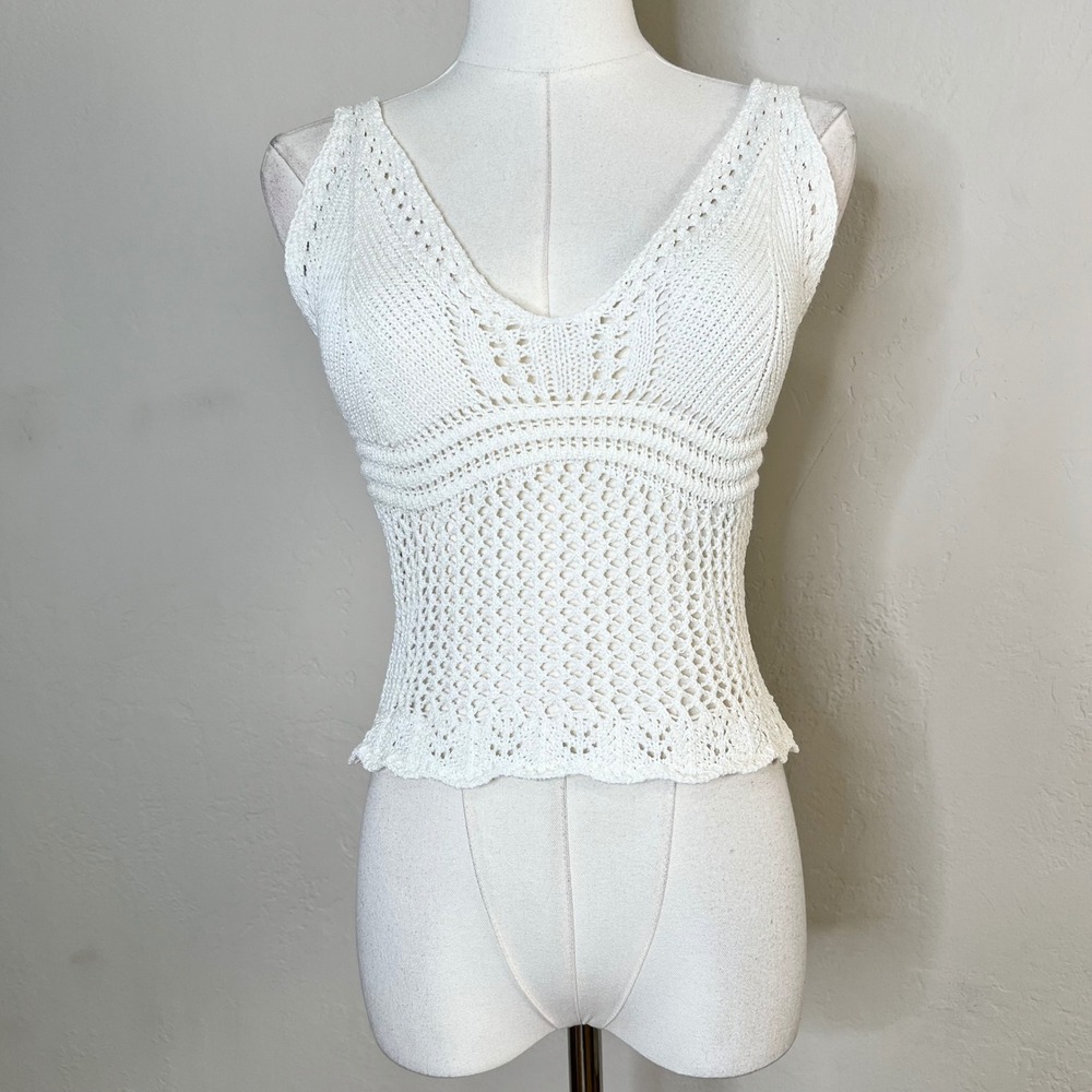 Kulani Kinis Tank Top Crochet‎ Knit Size Small Ivory V-Neck Boho Beachy